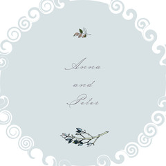 greeting card with a floral design in gentle colors. Silver, blu