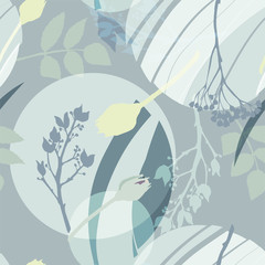 Silvery circles, green, golden, gray flowers and leaves. Abstract floral pattern in gray-green colors. Seamless vector pattern.