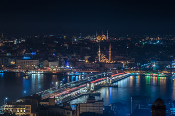 Fototapeta na wymiar Night scape of bosphorus see and Eminunu in istanbul turkey