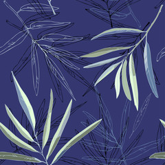 Black and white and green leaves of palm trees on a blue background vector illustration.