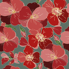 Red poppies inflorescences with gold streaks on a gray-green background with green leaves vector illustration. Seamless pattern. EPS10.
