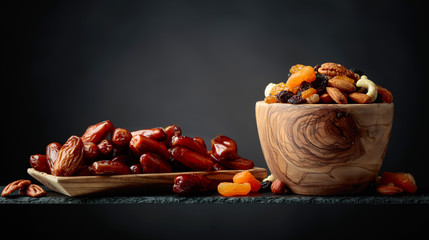Various dried fruits and nuts in wooden dish.