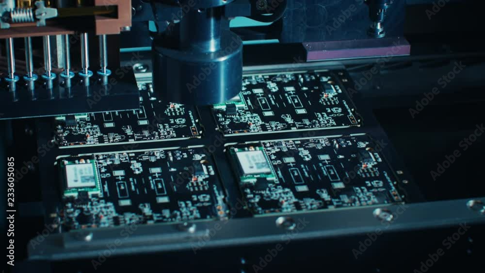 Poster macro close-up shot of printed circuit board on a factory assembly line with automated robotic arm f