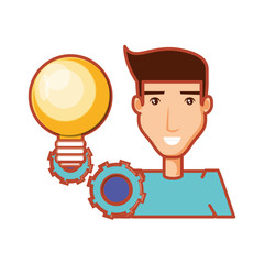 young man with bulb light and gears machinery