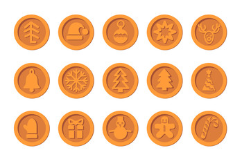 Christmas Cryptocurrency logo set - Santa Claus hat, bell, gingerbread man, ball, deer, snowman, gift, mitten. Bronze coins with winter new year holiday Crypto currency money symbol