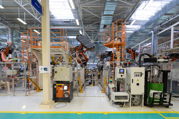 Conveyor for manufacture of cars. Automotive shop. Car Assembly plant. Car manufacturer
