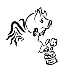 Winged pig gentleman with a gift and a flower