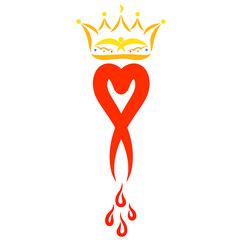 Elegant heart with blood drops and a crown with a bird and a flame