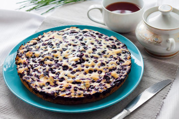 Homemade blueberry pie on blue plate