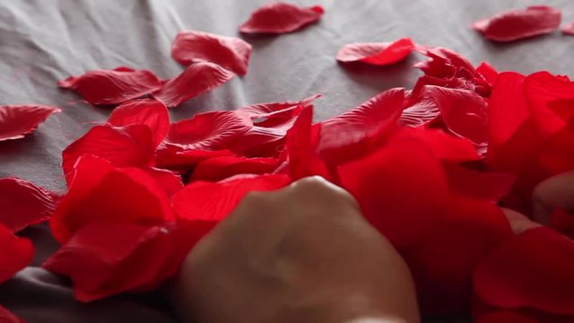 Hands on a rose covered bed clutch and grip the sheets in the throws of passionate sex