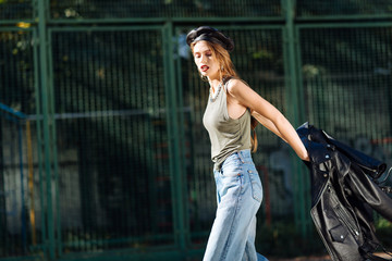 Trendy skinny fashion model wearing nice stylish accessories