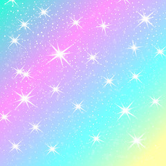 Unicorn rainbow background. Holographic sky in pastel color. Bright mermaid pattern in princess colors. Vector illustration. Fantasy gradient colorful backdrop with rainbow mesh.