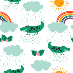 Seamless childish pattern with crocodile, rainbow, rain clouds and the sun. Creative modern texture for kids apparel, fabric, textile, nursery, wrapping. Vector Illustration.