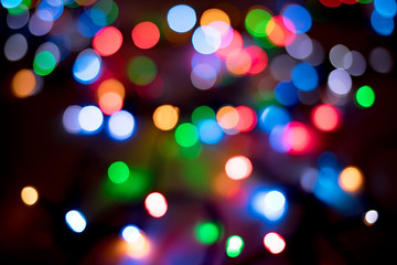 Colorful bokeh background, blurred Christmas lights decorations