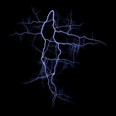 Isolated realistic electrical lightning strike visual effect on black night background. Energy change. 