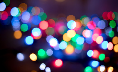 Colorful bokeh background, blurred Christmas lights decorations