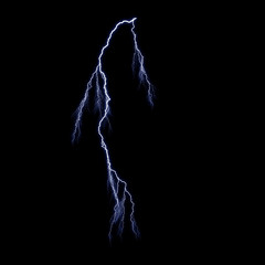 Isolated realistic electrical lightning strike visual effect on black night background. Energy change. 