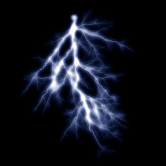 Isolated realistic electrical lightning strike visual effect on black night background. Energy change. 