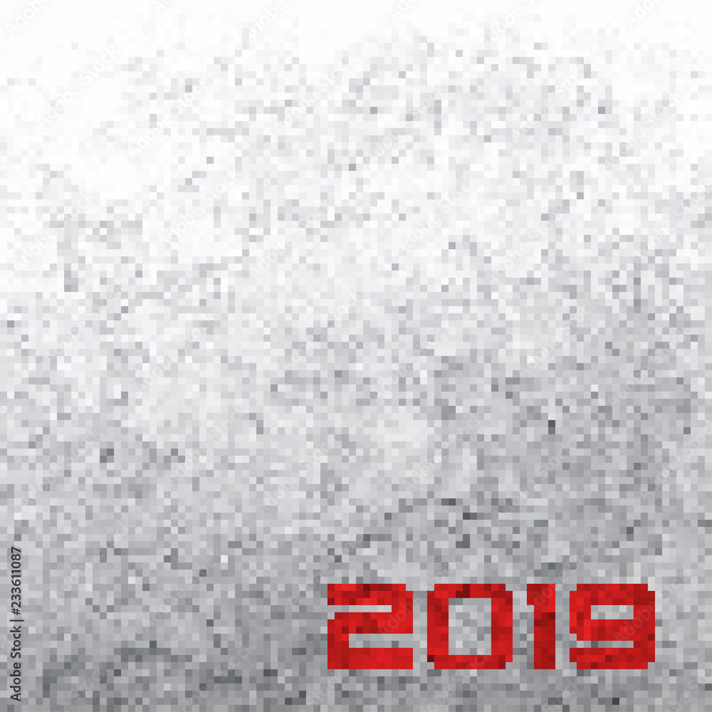 Poster Background with a BW pixels and with a red 2019 inscription. Vector pattern