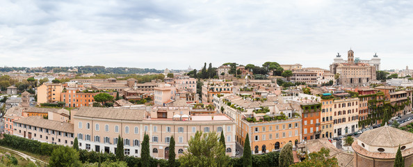 Obraz premium Panorama Cityscape from height, roofs of red tiles and narrow streets of Rome, Italy