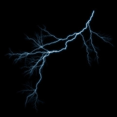 Isolated realistic electrical lightning strike visual effect on black night background. Energy change. 