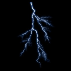 Isolated realistic electrical lightning strike visual effect on black night background. Energy change. 