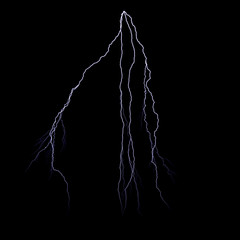 Isolated realistic electrical lightning strike visual effect on black night background. Energy change. 