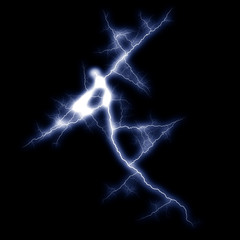 Isolated realistic electrical lightning strike visual effect on black night background. Energy change. 