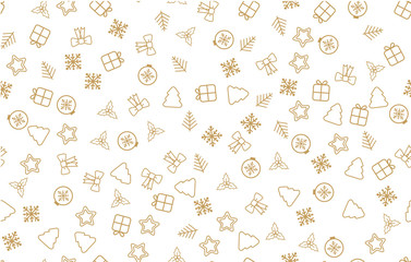 Seamless Christmas pattern. Christmas pattern with decorative snowflakes, gift box, christmas tree, star, christmas balls on white background.