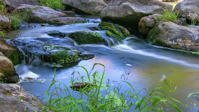 forest stream time lapse, Stream Water and Green Mossy Rocks, mountain stream time lapse 4K, Moss On The Rocks Forest Stream, Forest river, Water runs quickly through the rapids