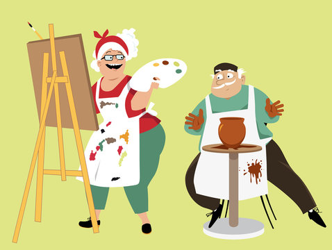 Art Class For Seniors: An Elderly Couple Participating In Painting And Pottery Activities, EPS 8 Vector Illustration