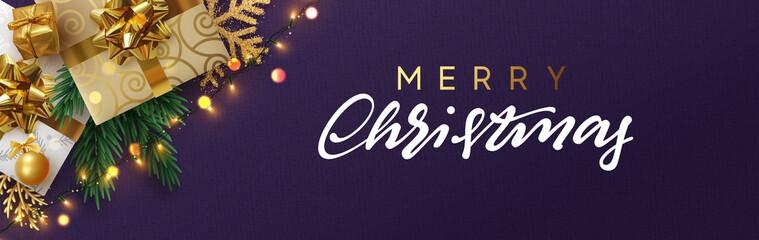 Christmas banner, Xmas sparkling lights garland with gifts box and golden tinsel. Horizontal christmas posters, cards, headers, website.