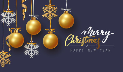Merry Christmas and Happy New Year. Background design of xmas balls with golden glitter snowflake hanging on the ribbon.