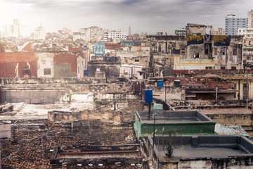 Panoramic view over the rooftops of Havana City in Cuba. The run-down buildings mostly in colonial...
