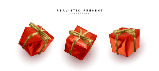 Red gifts, box realistic isolated on white background. Set of decorative presents