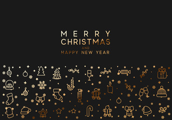 Merry Christmas and happy new year. Black background with festive gold line style