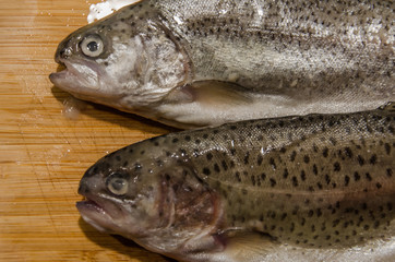 Rainbow trout fish on wooden table ready for cooking stuffed with lemon