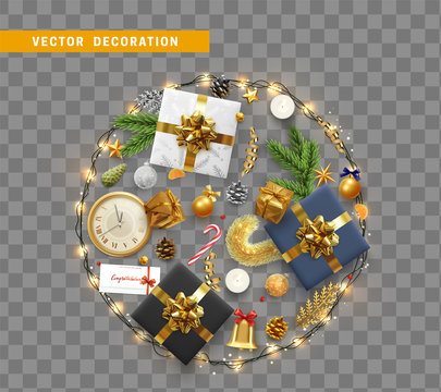 Christmas decoration design with festive objects. Isolated on transparent background