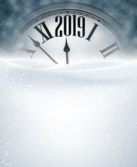 Fototapeta na wymiar Grey 2019 New Year background with clock. Greeting card.