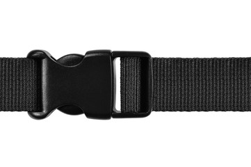Black side release acculoc buckle plastic clasp, quick nylon belt rope lock strap, isolated macro...
