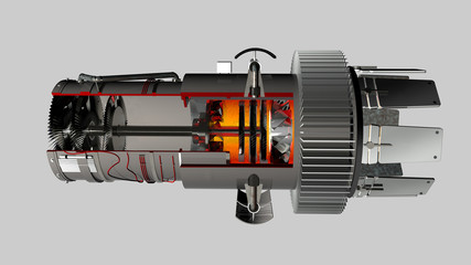 Motore a reazione su fondo neutro con la visione delle sue parti interne, 3D rendering, illustrazione