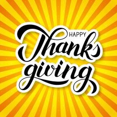 Happy Thanksgiving calligraphy brush lettering on bright orange yellow striped background. Pop Art style retro vector illustration. Thanksgiving day postcard.