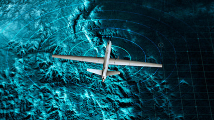 Vista satellitare di un drone militare che sorvola una zona di guerra, operazioni di guerra, visione notturna. Target militare. Operazione sotto copertura. Rilievi montuosi e pianure, 3d rendering © Naeblys