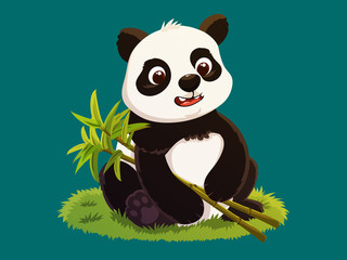 Cute young panda cartoon character holding bamboo stems. Vector illustration isolated on blue background.