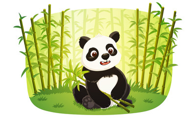 Cute young panda cartoon character holding bamboo stems. Green forest of bamboo background. Vector illustration isolated on white background.