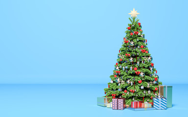 Christmas tree with gifts in room. 3d render illustration. Copy space. New Year, holiday.