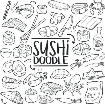 Sushi Japanish Fast Food Doodle Icon Hand Draw Line Art	