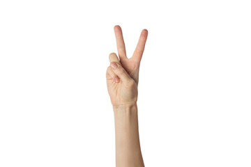 Female hand raised up and showing a gesture of peace with two lifted fingers on a white background. Gesture Yo. Concept of power, unity, rap respect