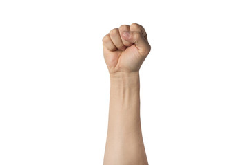 Male hand clenched into a fist and raised up on a white background. Concept of power, rebellion, unity, revolution, riot