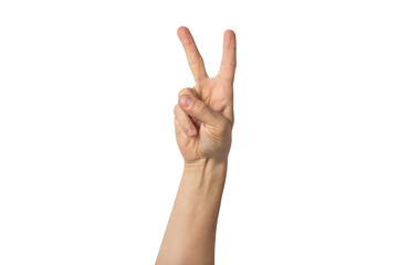 Male hand raised up and showing a gesture of peace with two lifted fingers on a white background. Gesture Yo. Concept of power, unity, rap respect